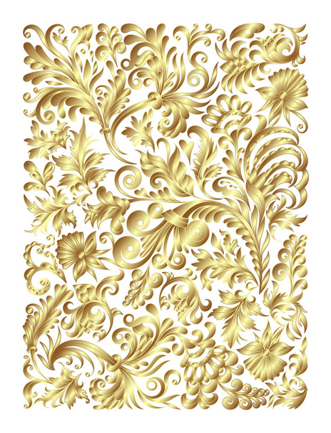 Doodle golden metallic floral hand draw pattern. Vector illustration. Cover template. Gold on black. - Вектор,изображение