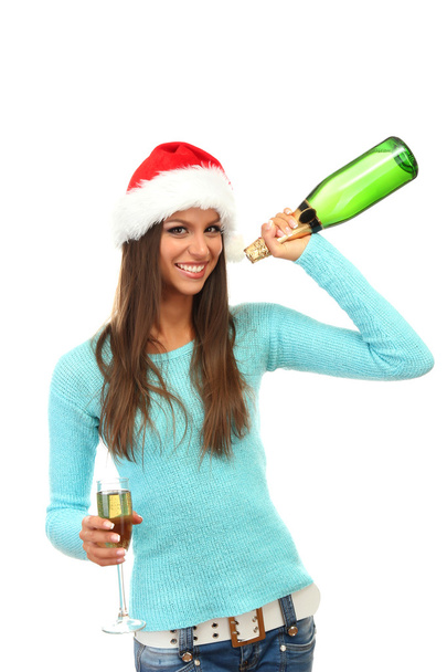beautiful young woman with glass of champagne, isolated on white - Foto, afbeelding