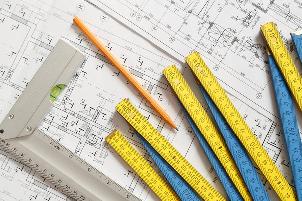 blueprints and architect tools on top - Photo, Image