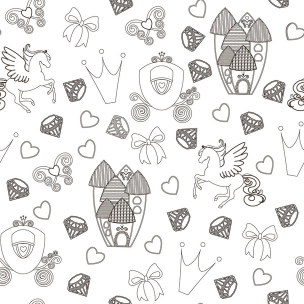 Princess Seamless Pattern for textile with castle, crown, butterfly, diamond. Abstract seamless pattern for girls. Magical Cinderella cute vector seamless pattern with Pegasus, castle, carriage. - Vector, Image