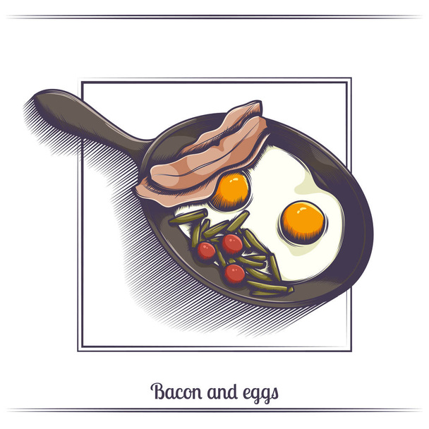 жареные яйца с беконом в сковороде
 - Вектор,изображение