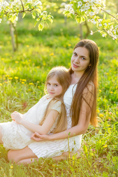 Beautiful mother and daughter in a blooming garden in the spring - Foto, Bild