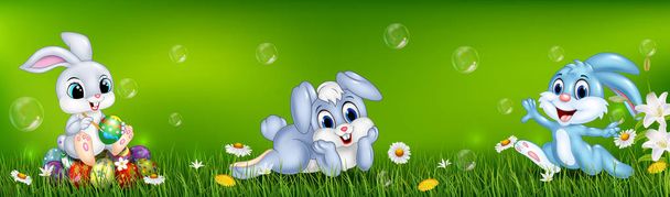 Карикатурные маленькие пасхальные кролики на фоне природы - Вектор,изображение