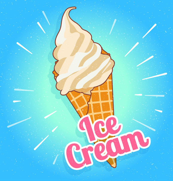 Colorful tasty isolated ice cream at a turquoise background. Crunchy wafer cone filled with white and beige cream. Vector Illustration. - Vecteur, image