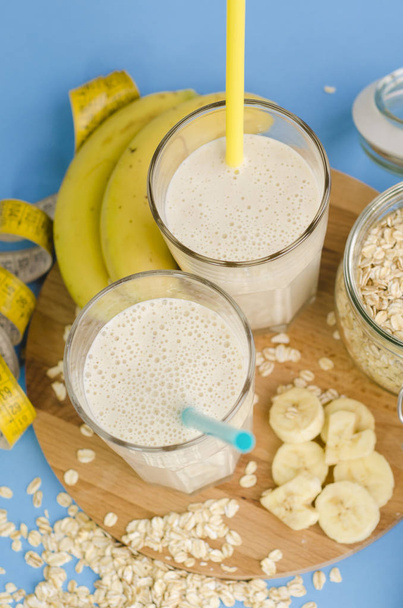 Useful banana smoothie with oatmeal ,vegetarian breakfasts - Photo, Image
