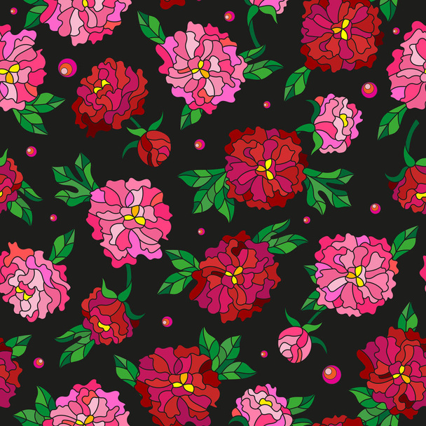 nahtloses Muster mit Frühlingsblumen im Glasmalereistil, Blüten, Knospen und Blättern von Pfingstrosen auf dunklem Hintergrund - Vektor, Bild