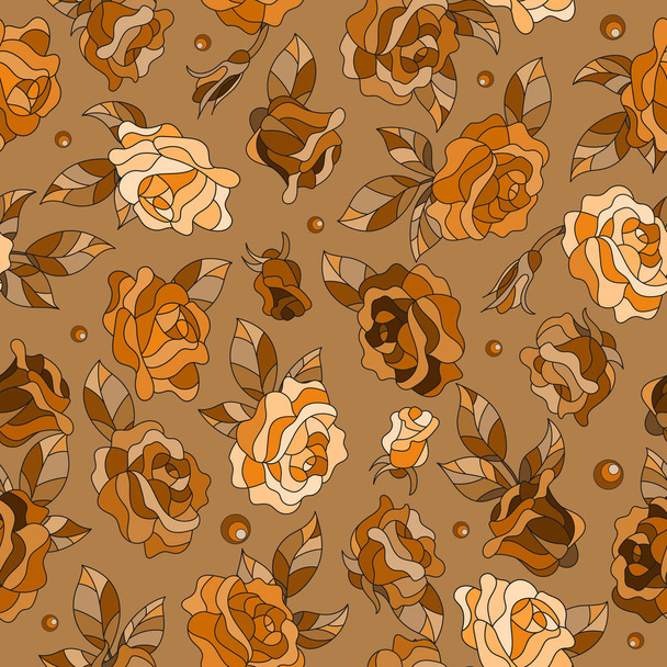Бесшовный узор с весенними цветами в стиле витража, цветы, почки и листья роз, коричневый тон, Сепия
 - Вектор,изображение