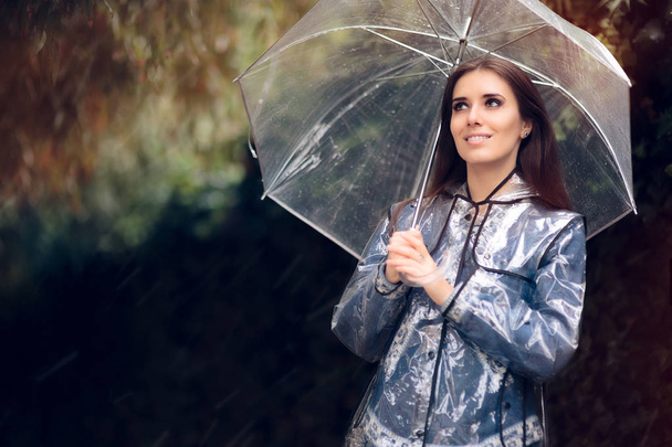 Happy Woman in Raincoat with Transparent Umbrella - Foto, imagen