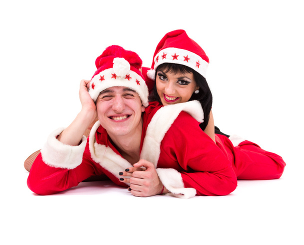 Happy young couple wearing santa claus clothes - Fotoğraf, Görsel