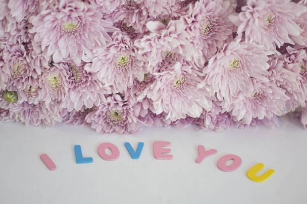 Koristeellinen kirjaimet muodostavat sanat "Rakastan sinua" vaaleanpunaisia kukkia
 - Valokuva, kuva
