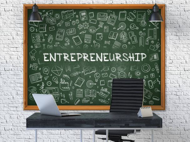 手は、事務所の黒板に起業家精神を描画されます。3 d. - 写真・画像