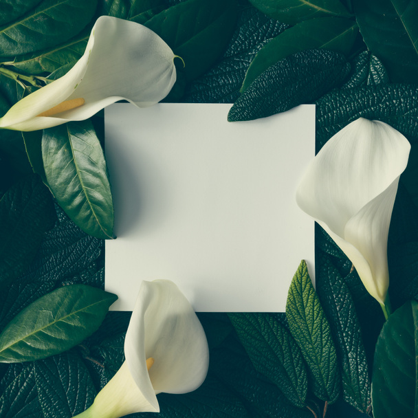 leaves with paper card note and callas - Photo, Image