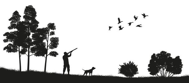Silhueta preta de um caçador com um cão na floresta. Caça ao pato. Paisagem de natureza selvagem
 - Vetor, Imagem