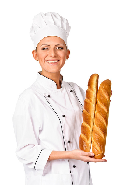 Cute female chef holding up a beautiful loaf of Italian Bread - Photo, Image