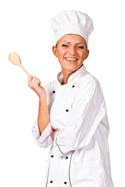 kucharz, szef kuchni lub piekarz patrząc na kamery, trzymając drewnianą łyżką - Zdjęcie, obraz