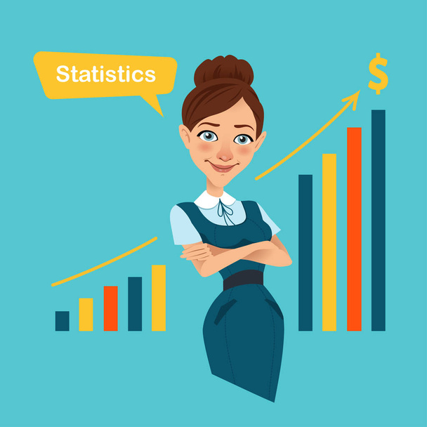 Woman stands near board with profit growth chart. - Vector, Image