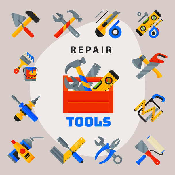 Home Repair Tools Symbole arbeiten Baumaschinen Set und Service-Arbeiter macter Box flachen Stil isoliert auf weißem Hintergrund Vektor Illustration. - Vektor, Bild