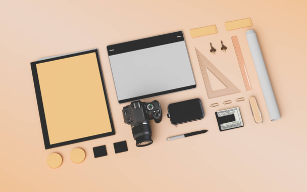 Products branding mockup template. Office supplies, Gadgets. 3D illustration - Foto, immagini