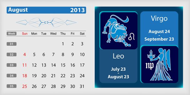 Agosto 2013 Calendario e zodiaco
 - Vettoriali, immagini