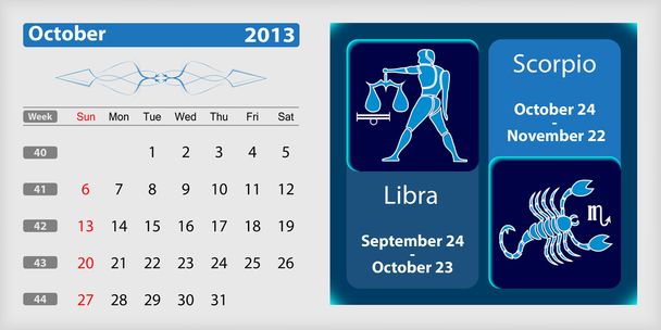 Ottobre 2013 Calendario e zodiaco
 - Vettoriali, immagini