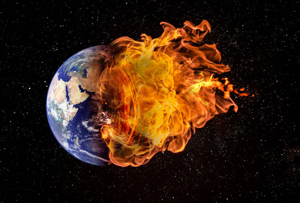 Планета Земля в открытом космосе охвачена пламенем
 - Фото, изображение
