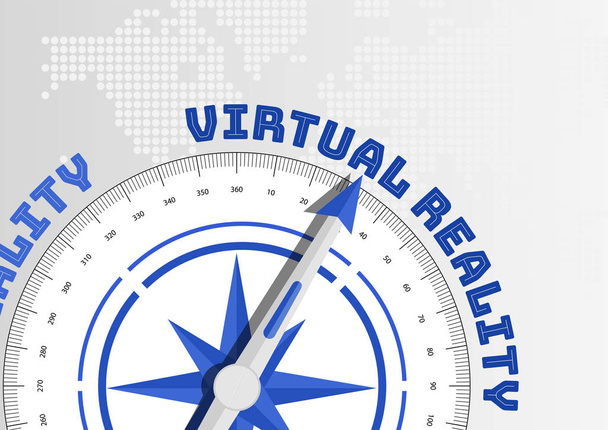 Virtual reality concept with compass pointing towards text - Vector, Image