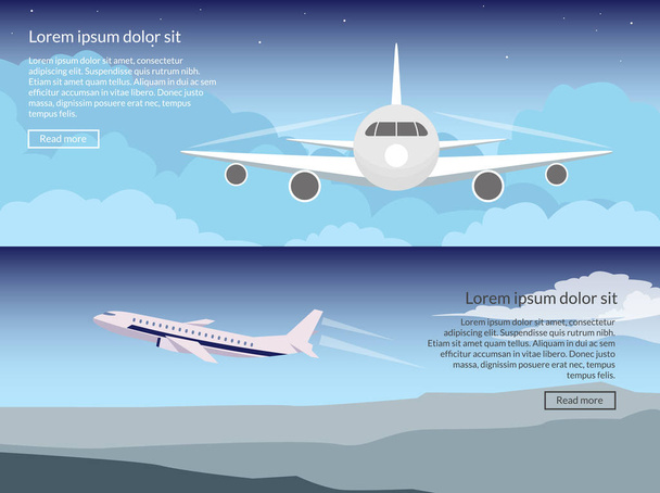 Utazás a bannerek repülőgép készlet egy lapos stílusú, a háttérben az esti égen. Utasszállító repülőgép, repülés és felszállás során. A szöveget és egy gombot az oldal fejlécében. - Vektor, kép