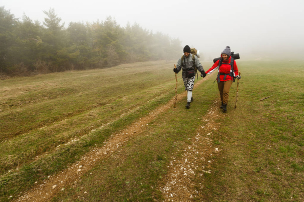 Hikers walk on a foggy forest trail - Foto, imagen