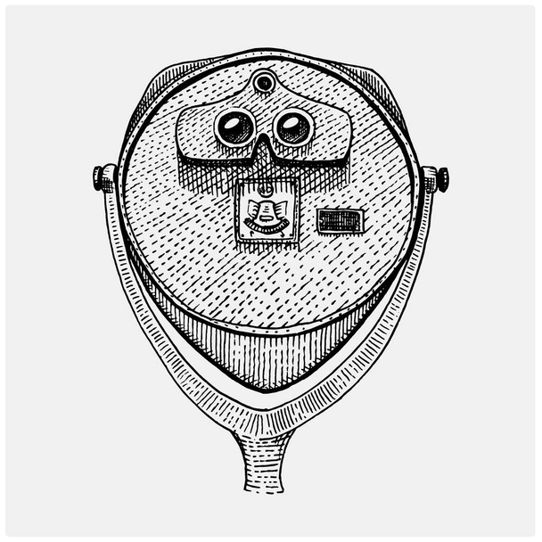 Fernglas-Turmmünzen-Betrachter, Spion-Vintage, gravierte Hand im Skizzen- oder Holzschnitt-Stil, alt aussehendes Retro-Scinetific-Instrument zum Erforschen und Entdecken - Vektor, Bild