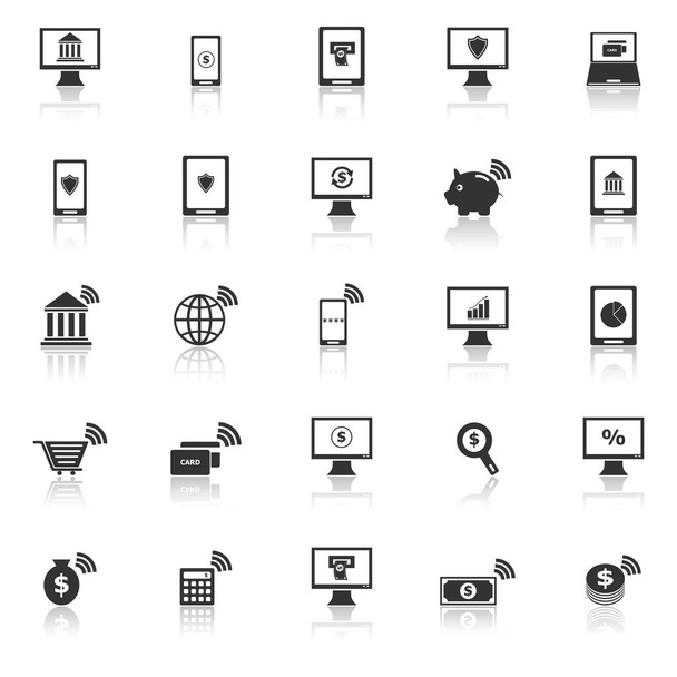 Online bankieren pictogrammen met weerspiegelen op witte achtergrond - Vector, afbeelding