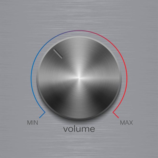 Volume button with dark metal steel brushed texture and color line scale isolated on aluminum polished texture background - Вектор, зображення