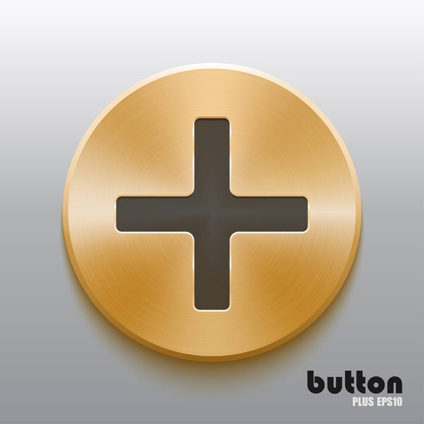 Golden plus button with black symbol - Vector, imagen
