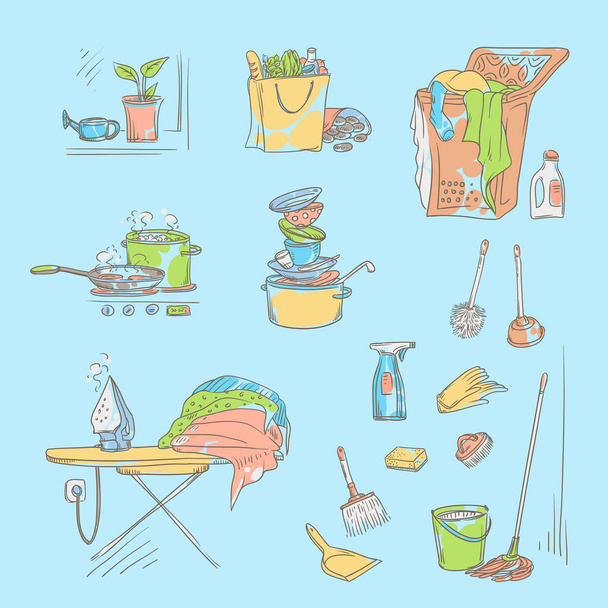 Vector set sketch color illustration on a blue background of objects and situations domestic work. Unwashed dishes and not ironed linen, items and accessories for cleaning, buy food and cooking. - Vector, afbeelding