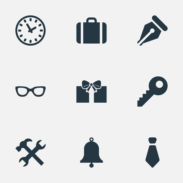 Vector illustratie Set van eenvoudige Instrument iconen. Elementen Ring, brillen, inkt, potlood en andere synoniemen Case, sleutel en stropdas. - Vector, afbeelding