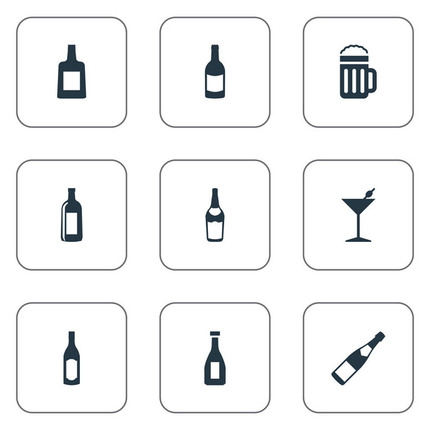 Vector Illustration Set of Simple Beverage Icons (en inglés). Elementos Botella, ketchup, coñac y otros sinónimos Brandy, coñac y vodka
. - Vector, imagen