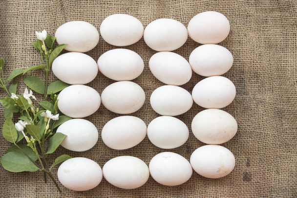 popular foods eggs raw on old sack - Photo, Image