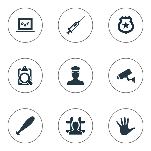 Vector Illustration Set Of Simple Police Icons. Elements Vaccine, Volunteer, Grid And Other Synonyms Vaccine, Sheriff And Jail. - Vector, Image