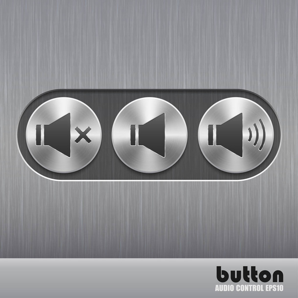 Set of round metal button with brushed texture and speaker illustrations for increase, mute or decrease sound - Vektor, obrázek