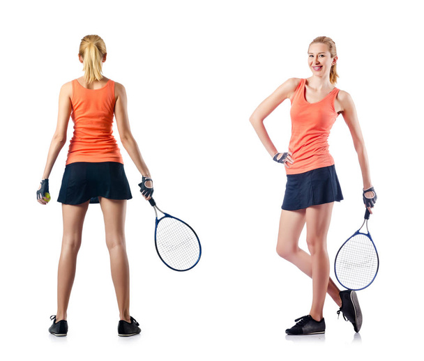 jovem mulher jogar tênis isolado no branco - Foto, Imagem