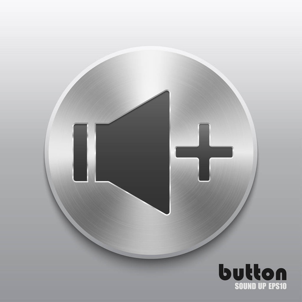 Round speaker button for increase sound with brushed metal aluminum texture and isolated on gray background - Вектор, зображення