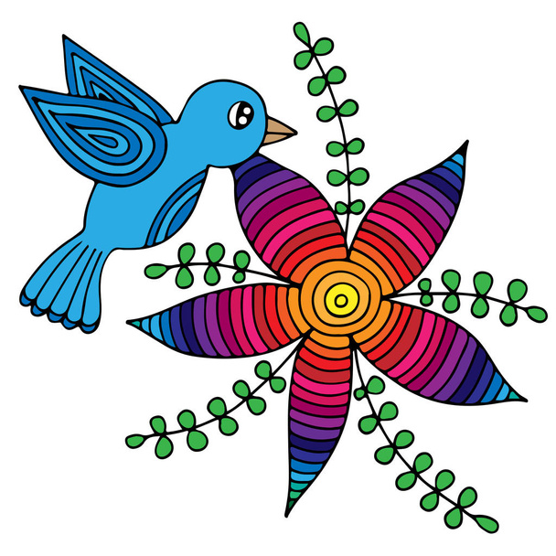Värikäs lintu ja abstrakti kukka lehtiä
  - Vektori, kuva