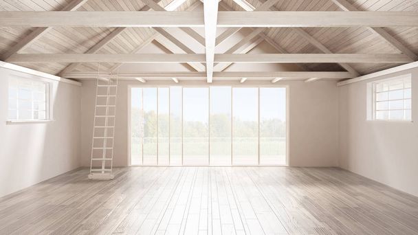 Minimalista mezzanine loft, üres ipari területek, fából készült roofin - Fotó, kép