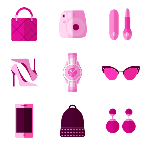Набор простых розовых модных плоских объектов на белом фоне
 - Вектор,изображение