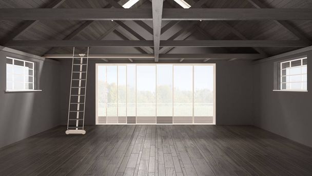 Minimalista mezzanine loft, üres ipari területek, fából készült roofin - Fotó, kép
