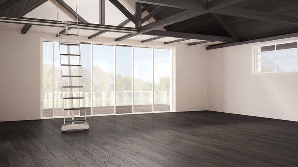 Minimalistische mezzanine loft, lege industriële ruimte, houten roofin - Foto, afbeelding