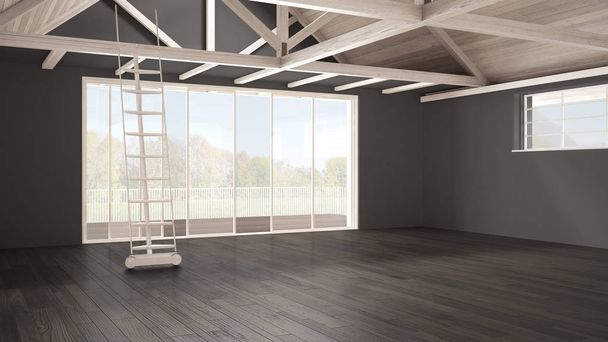Altillo de entrepiso minimalista, espacio industrial vacío, techo de madera
 - Foto, imagen
