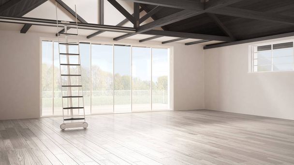 mezzanine loft minimaliste, espace industriel vide, toit en bois
 - Photo, image
