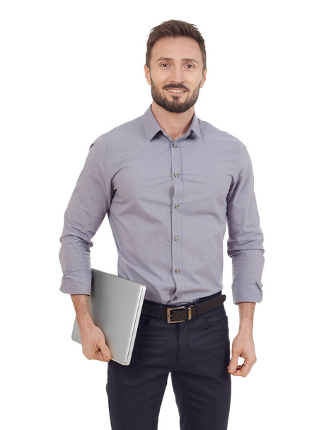 Cheerful young man with laptop - Foto, Imagen