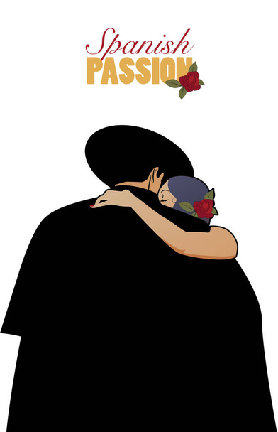 Spanish Passion. Elegant man on his back wearing hat and cape hugging a beautiful Spanish woman.  - Vector, Image