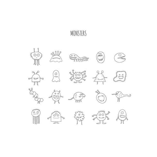 Een geïllustreerde iconen van verschillende monsters in zwart-wit. - Vector, afbeelding